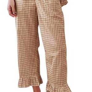 Gingham Ruffle Hem Wide-Leg Pants - Beige Brown